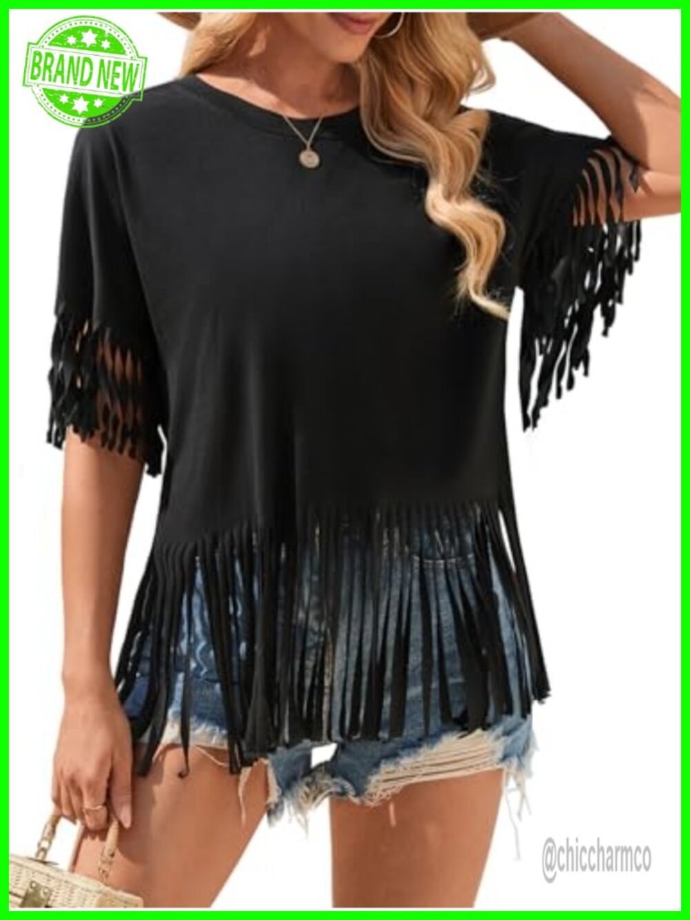 Womens Fringe Tops Short Sleeve Crew Neck Oversized T-Shirt Western Tee